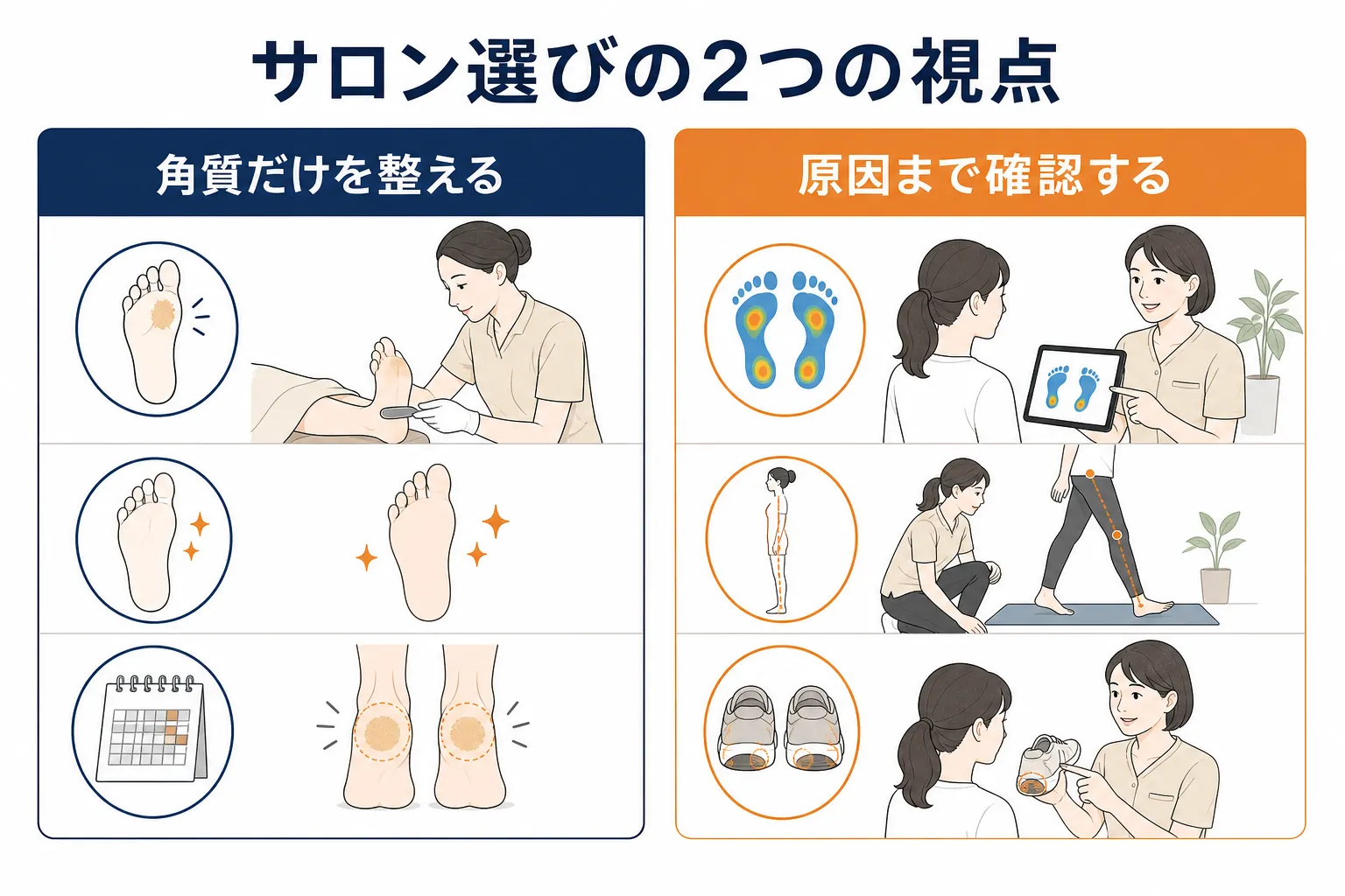 角質のみを整えるケアと、足の使い方や姿勢まで確認するケアを対比した図