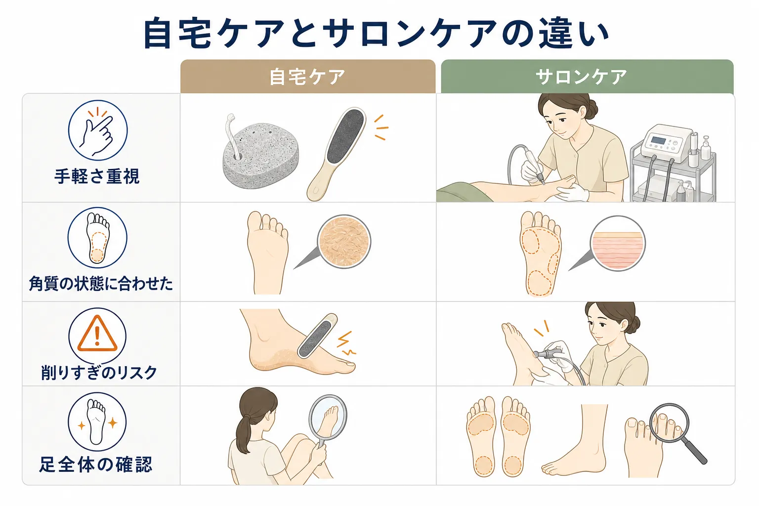 自宅でのやすりケアとサロンでの専門的な角質ケアを対比したイラスト
