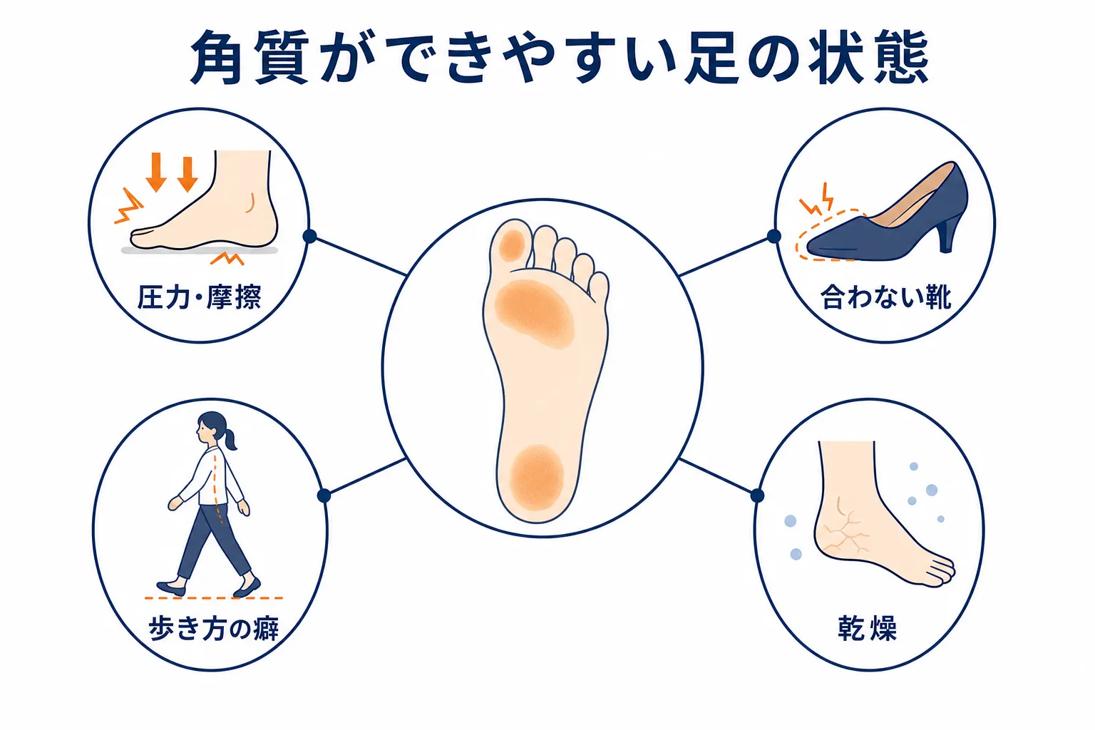 足裏の角質が硬くなる要因として圧力や摩擦、靴、歩き方、乾燥が関係する様子