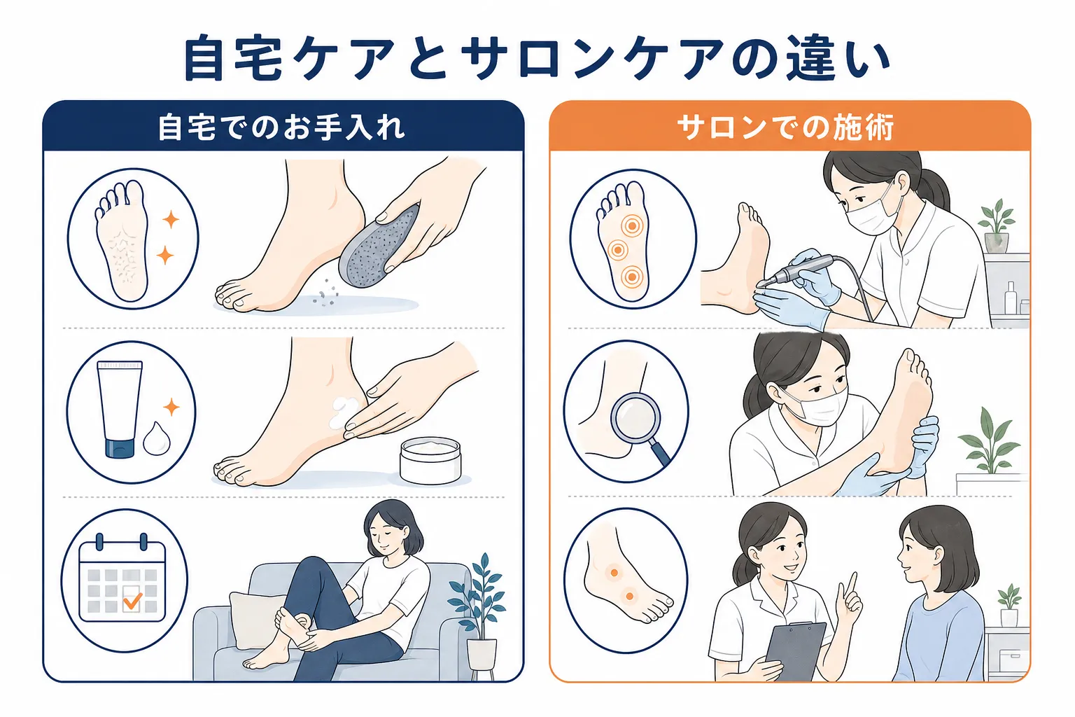 自宅での日々の保湿ケアと、サロンでの専門的な角質ケアの違いを比較したイメージ