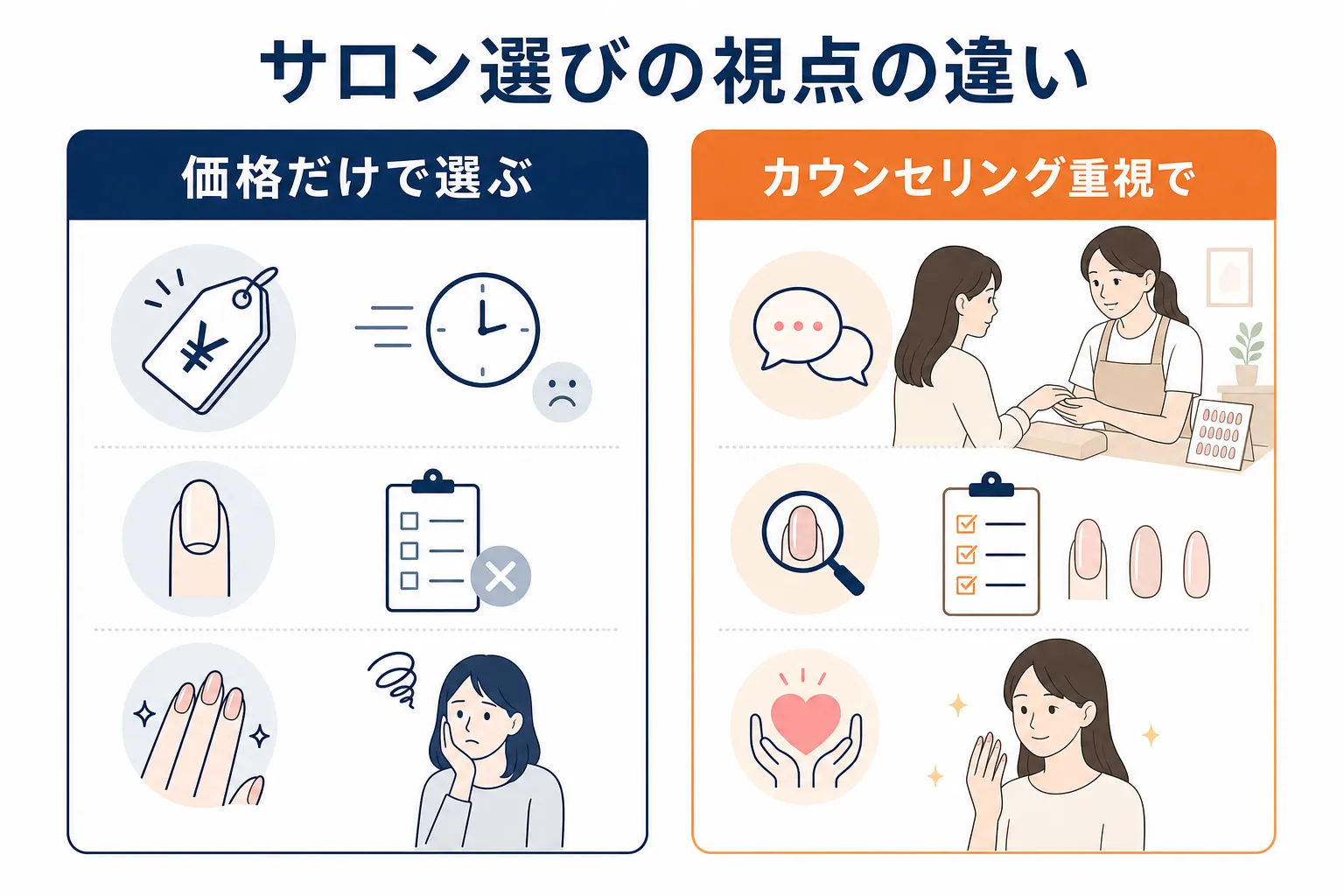 価格のみで選ぶ場合とカウンセリング重視で選ぶ場合のサロン選びの違いを比較した図