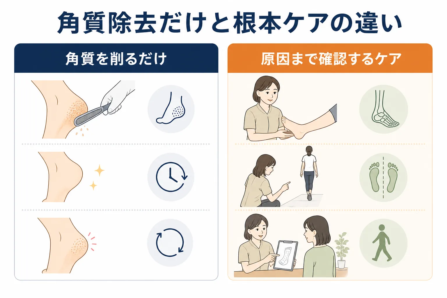 角質を削るだけのケアと、足の重心や歩き方まで確認するケアの違いを比較した図