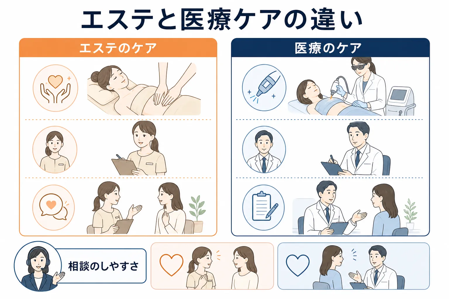 エステでのケアと医療でのケアの違いを示すイメージ図